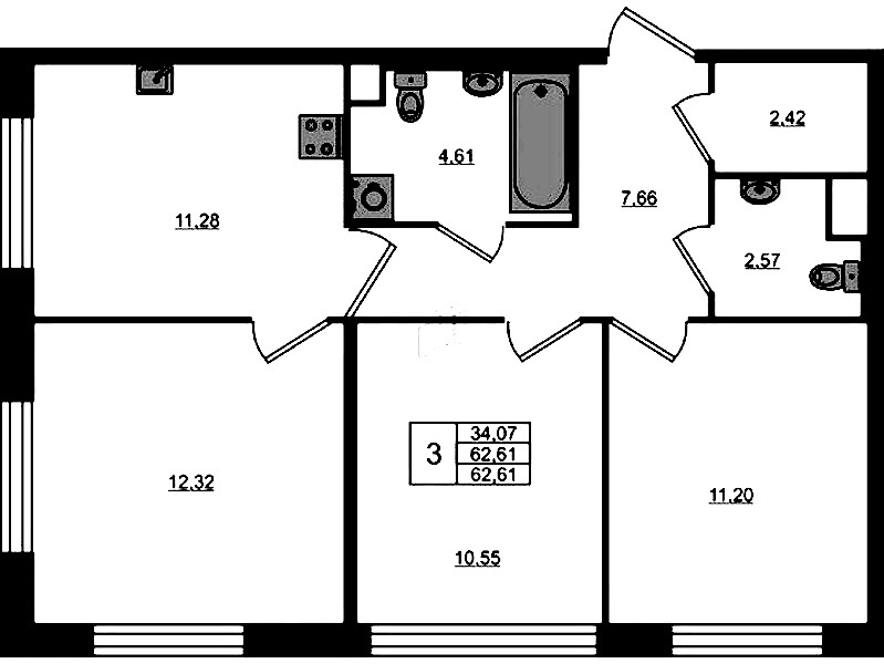 3-комнатная квартира 62.61 м², 1/5 эт., ЖК «Plus Пулковский»